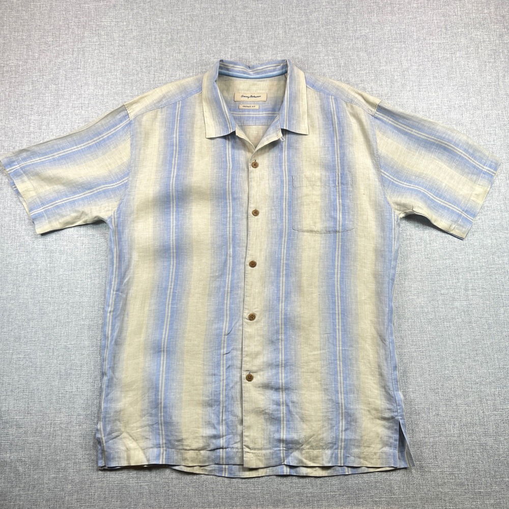 Tommy Bahama 100% Linen Striped Button Camp Shirt‎ Mens 2XL Loop Collar Yellow